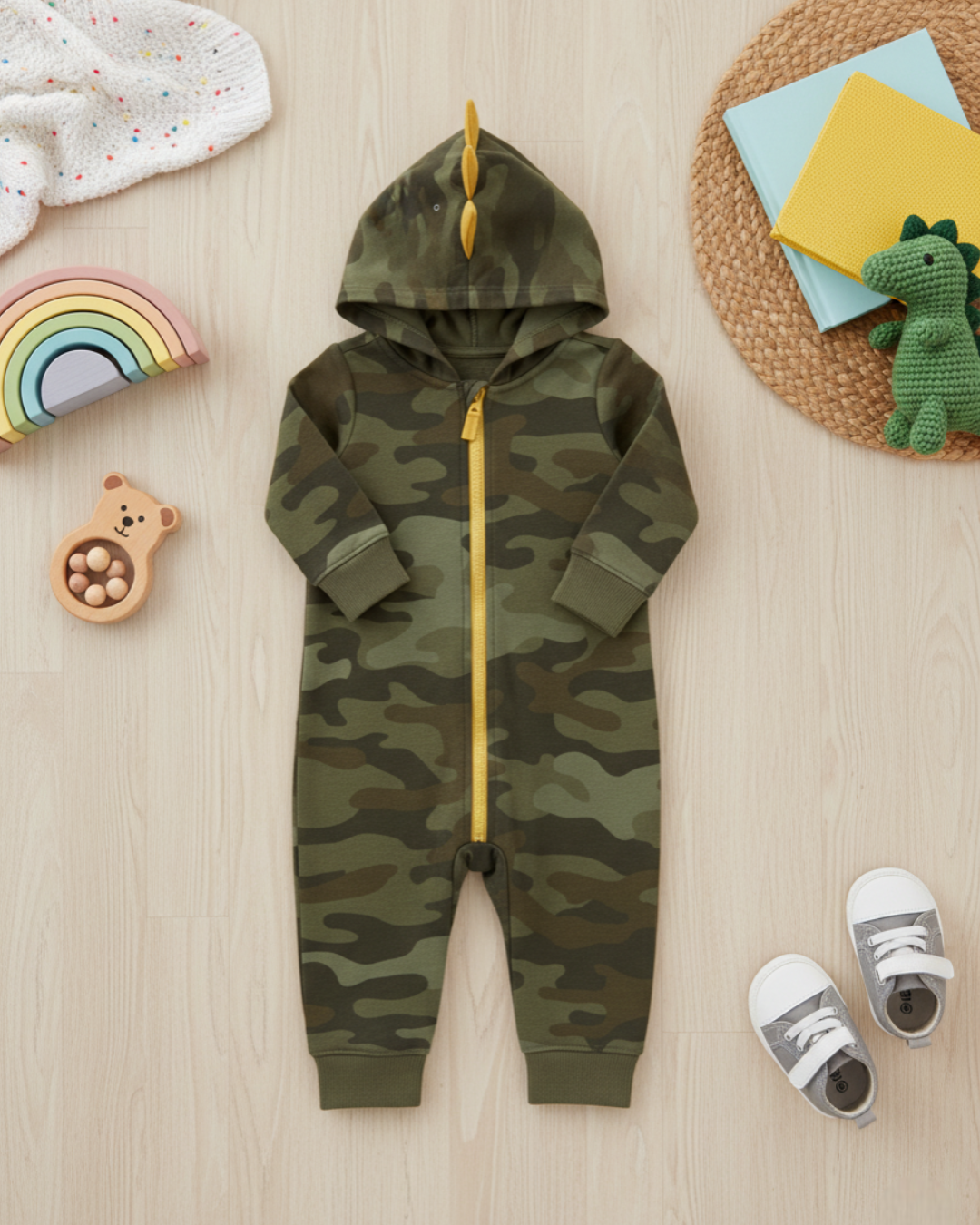 🦖 Carter’s Baby Boy Dino-Camo Hooded Jumpsuit – Adventure Green
