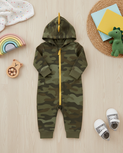 🦖 Carter’s Baby Boy Dino-Camo Hooded Jumpsuit – Adventure Green