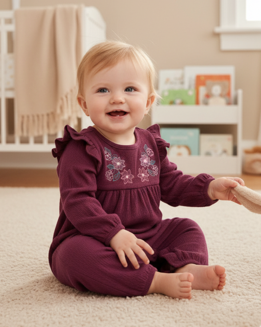 🌸 Carter’s Baby Girl Plum Blossom Romper – Elegant Embroidered Style