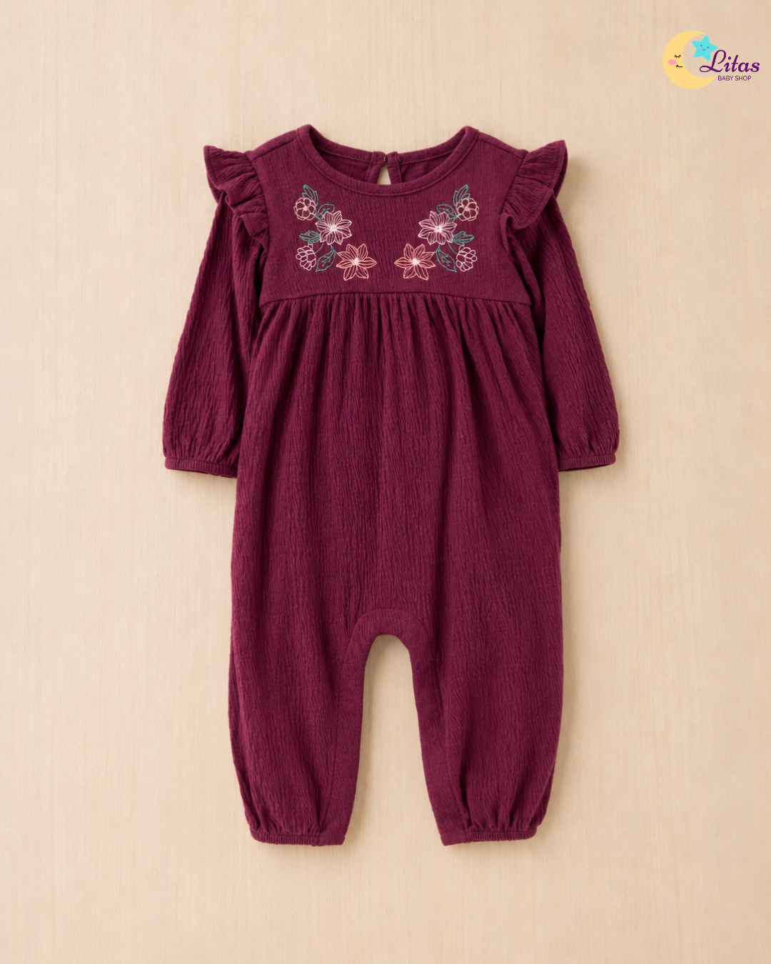 🌸 Original Carter’s Baby Girl Cotton Jumpsuit – Plum Floral Embroidery