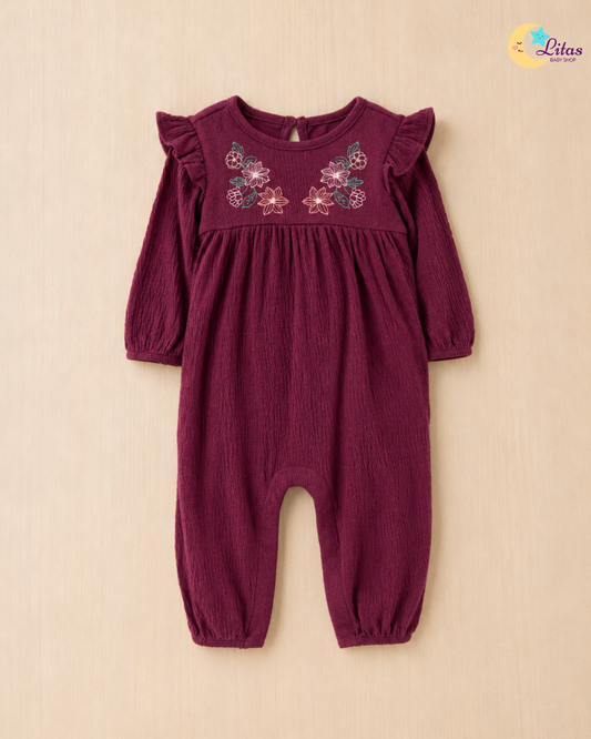 🌸 Original Carter’s Baby Girl Cotton Jumpsuit – Plum Floral Embroidery