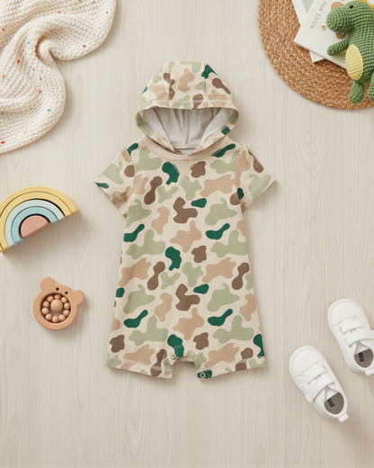 🌲 Carter’s Baby Boy Camo Hooded Romper – Adventure Earth Tones