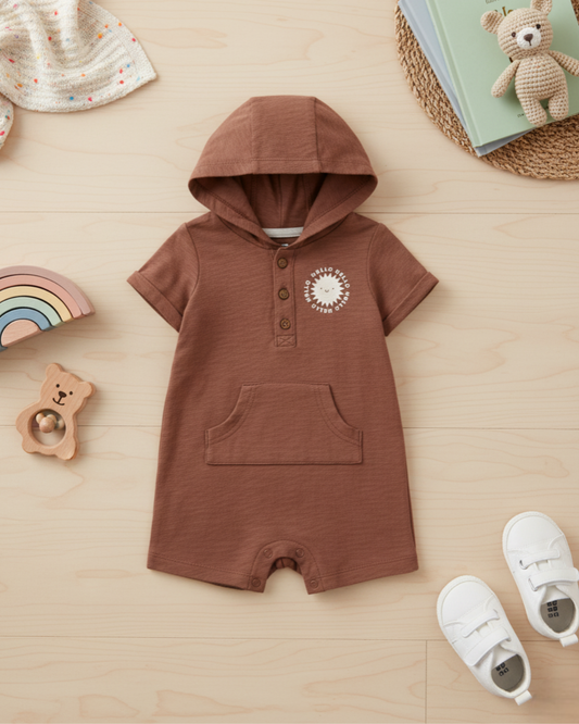 ☀️ Carter's Baby Boy "Hello" Sun Hooded Romper – Terracotta Brown
