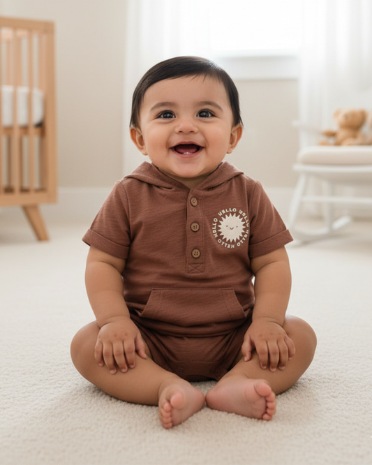 ☀️ Carter's Baby Boy "Hello" Sun Hooded Romper – Terracotta Brown