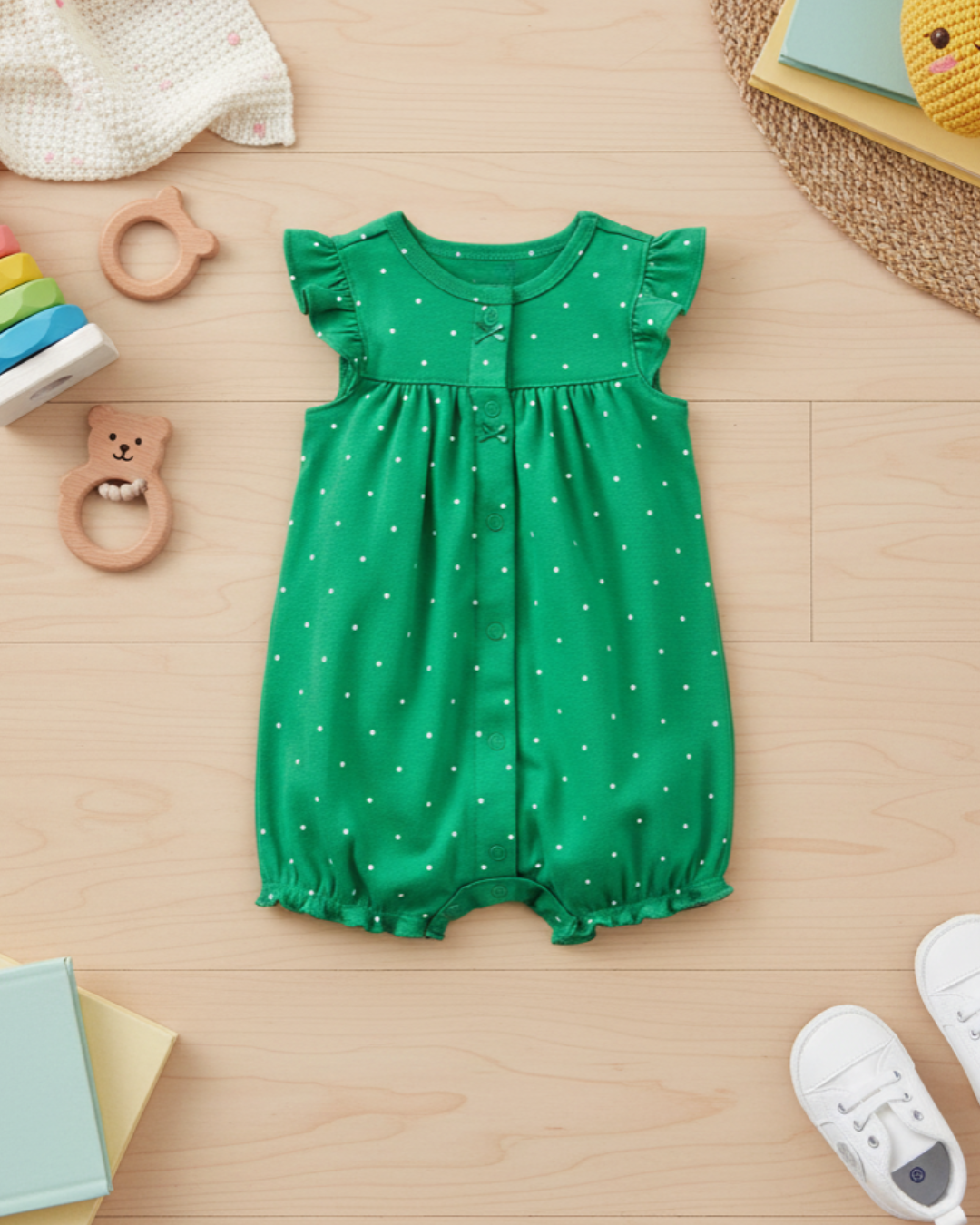 🌿 Carter’s Baby Girl Emerald Dot Romper – Classic Polka Dot Style
