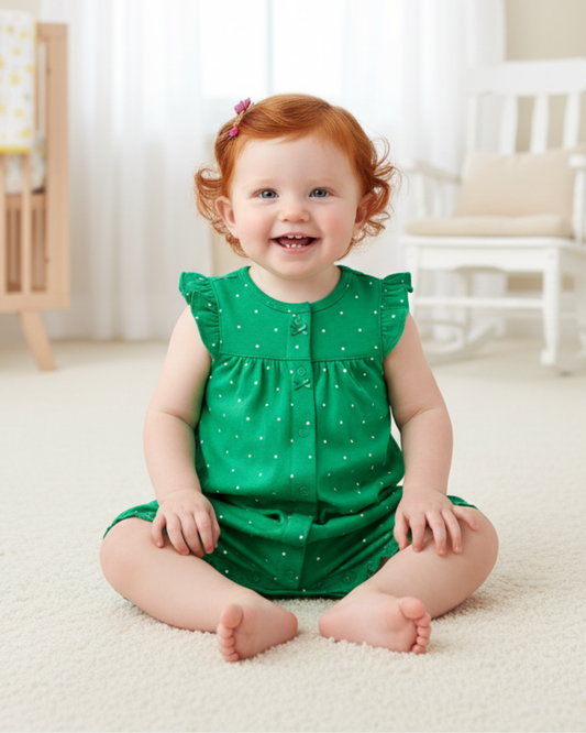 🌿 Carter’s Baby Girl Emerald Dot Romper – Classic Polka Dot Style