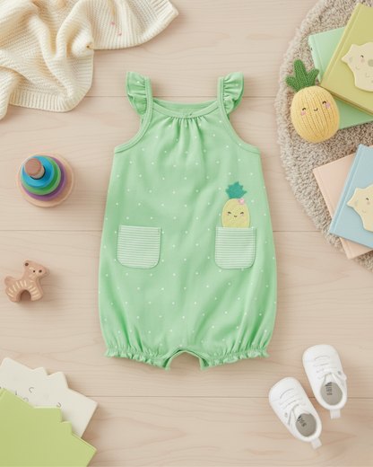 🍍 Carter’s Baby Girl Pineapple Romper – Green & White Polka Dots