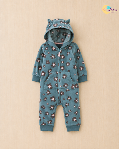🌸 Original Carter’s Baby Girl Fleece Hooded Jumpsuit – Floral Leopard