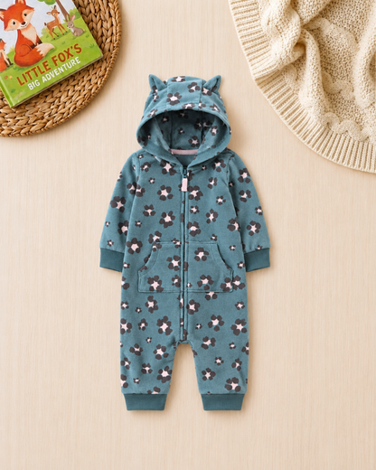 🐆Original Carter's Baby Girl Floral Leopard Fleece Jumpsuit – Hooded Ears