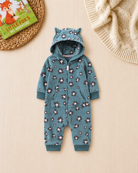 🐆Original Carter's Baby Girl Floral Leopard Fleece Jumpsuit – Hooded Ears
