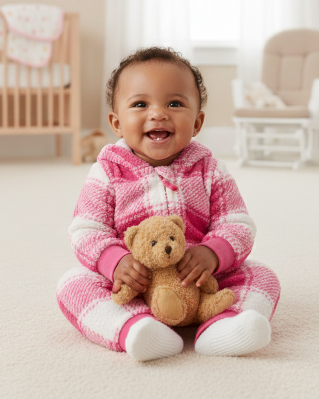🌸 Carter’s Baby Girl Buffalo Check Sherpa Jumpsuit – Bright Pink & White Plaid