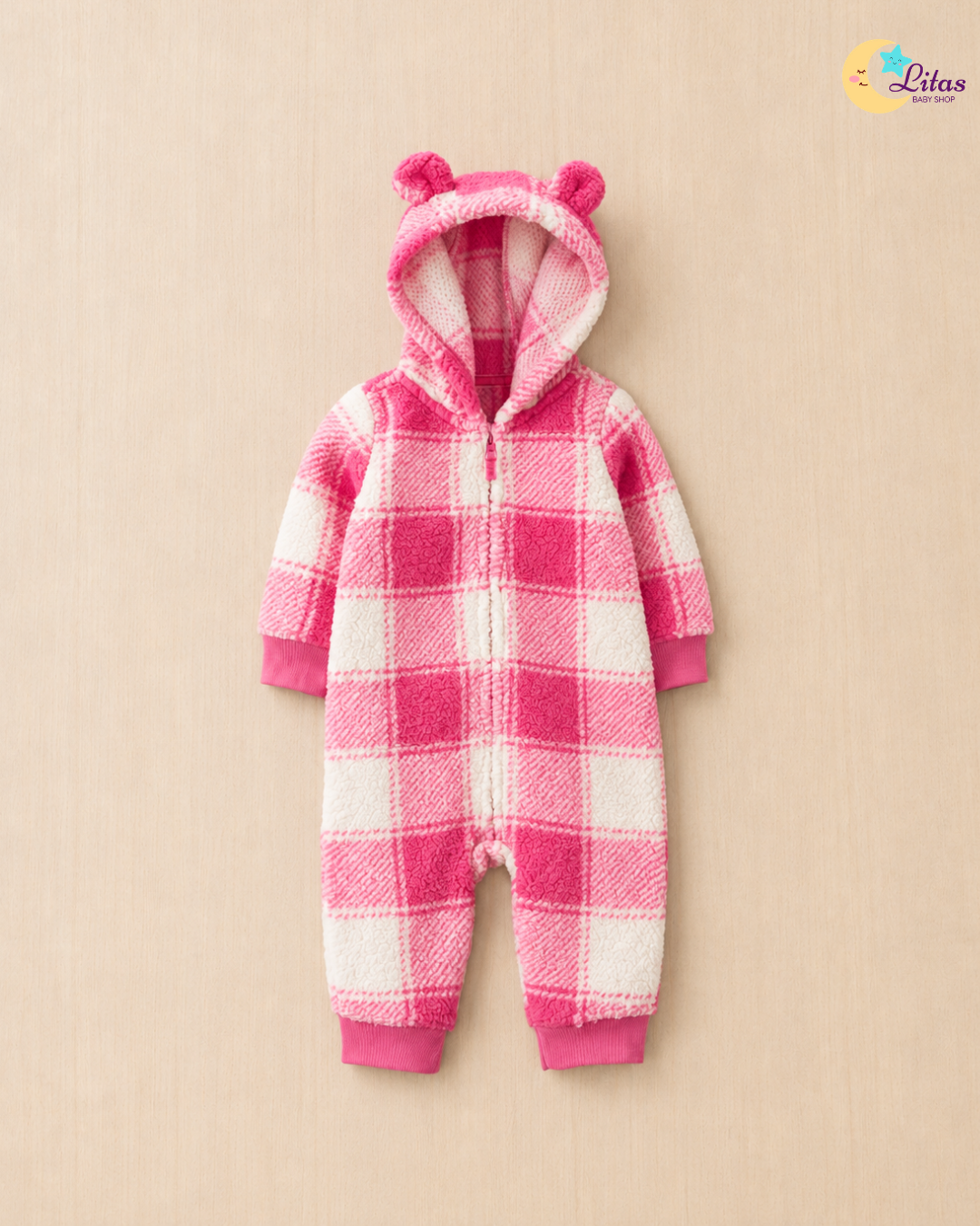🌸 Original Carter’s Baby Girl Sherpa Hooded Jumpsuit – Pink Buffalo Check