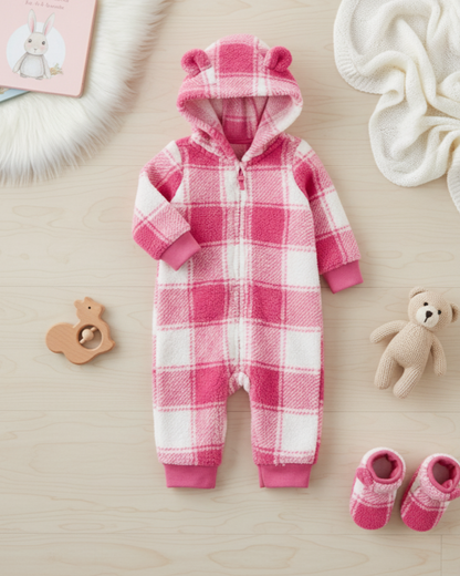 🌸 Carter’s Baby Girl Buffalo Check Sherpa Jumpsuit – Bright Pink & White Plaid