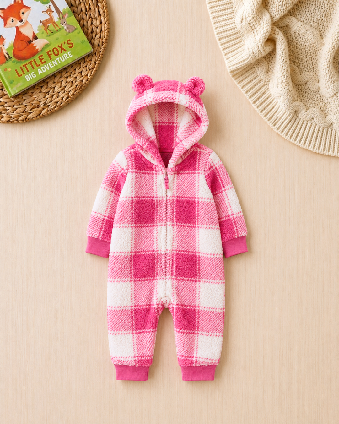 🌸Original Carter's Baby Girl Buffalo Check Sherpa Jumpsuit – Pink Hooded Ears