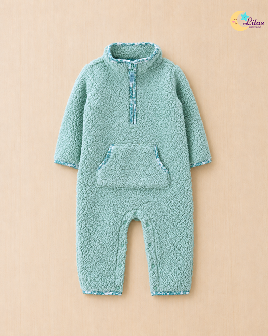 🌿 Original Carter’s Baby Girl Sherpa Jumpsuit – Sage Green Floral