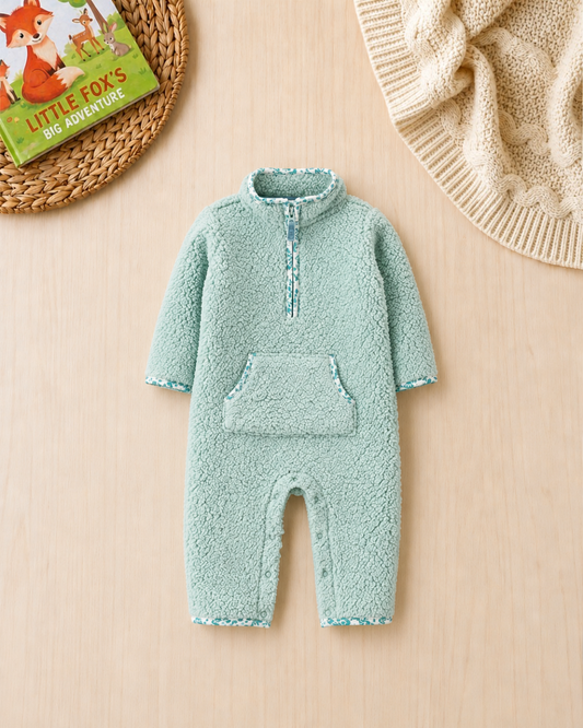 🌿Original Carter's Baby Girl Sage Green Sherpa Jumpsuit – Floral Detail
