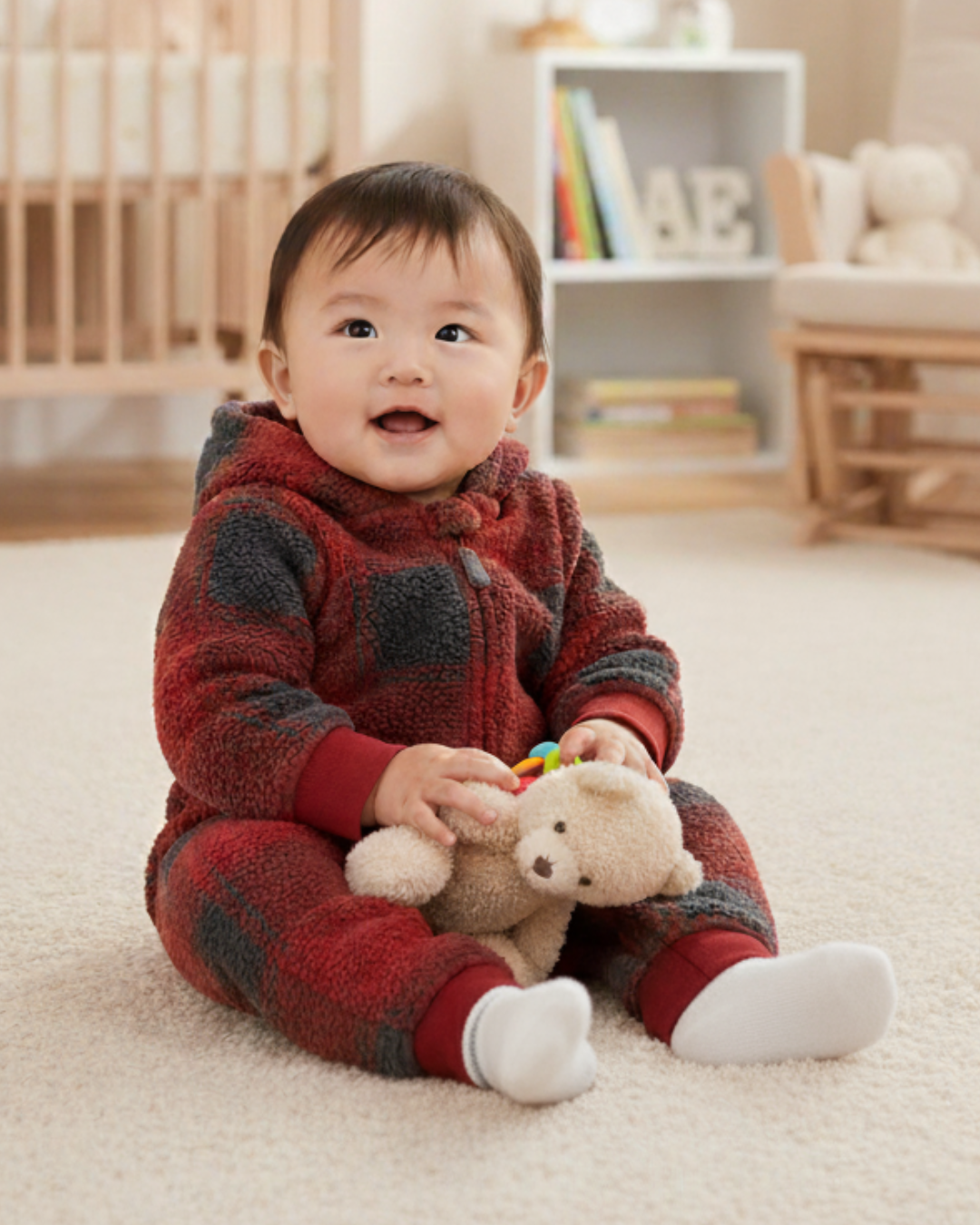 🌲 Carter’s Baby Boy Buffalo Check Sherpa Jumpsuit – Classic Winter Red