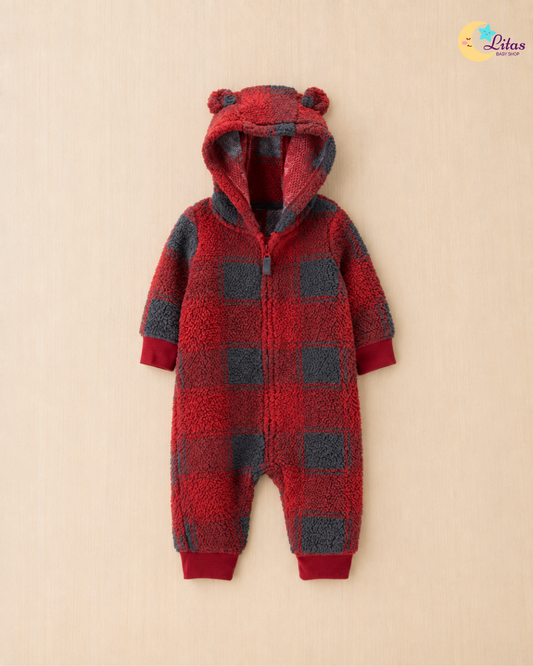 🐻 Original Carter’s Baby Boy Sherpa Hooded Jumpsuit – Red Buffalo Check