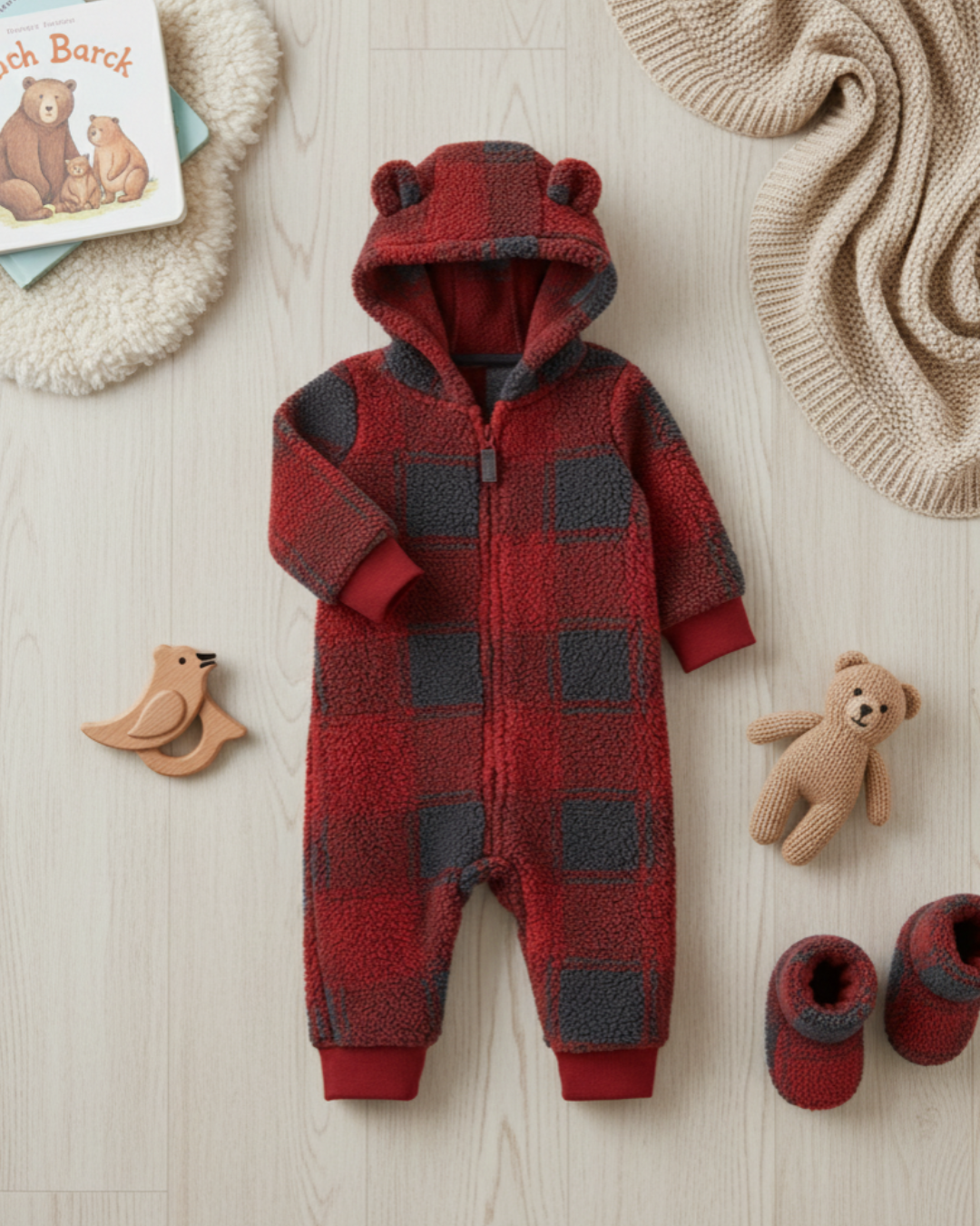 🌲 Carter’s Baby Boy Buffalo Check Sherpa Jumpsuit – Classic Winter Red