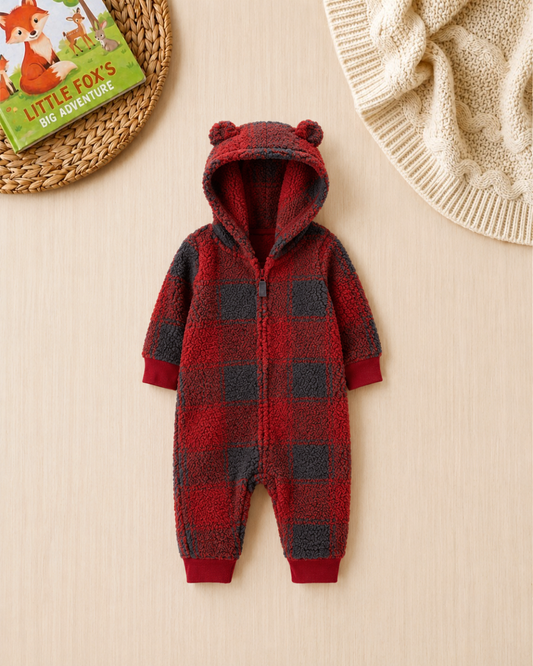 🌲Original Carter's Baby Boy Buffalo Check Sherpa Jumpsuit – Red Hooded Bear Ears