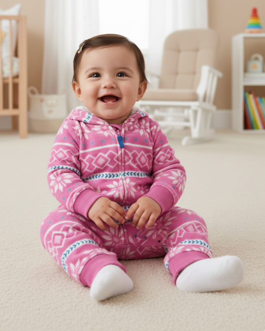 ❄️ Carter’s Baby Girl Fair Isle Fleece Jumpsuit – Pink Winter Cozy