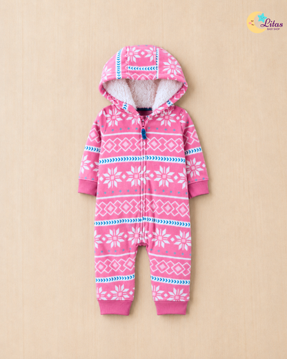 ❄️ Original Carter’s Baby Girl Fleece Hooded Jumpsuit – Pink Fair Isle