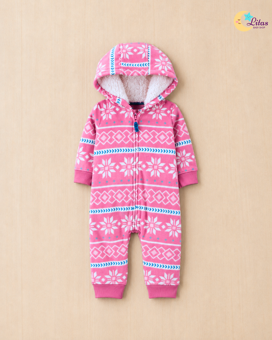 ❄️ Original Carter’s Baby Girl Fleece Hooded Jumpsuit – Pink Fair Isle