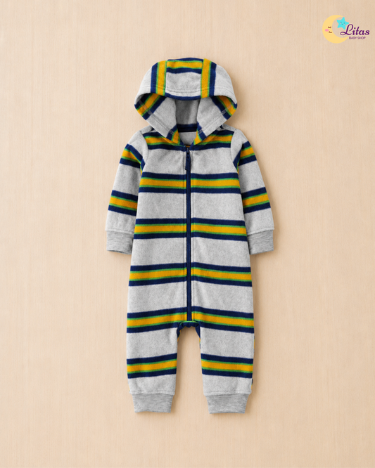 🌈 Original Carter’s Baby Boy Fleece Hooded Jumpsuit – Heather Grey Stripes
