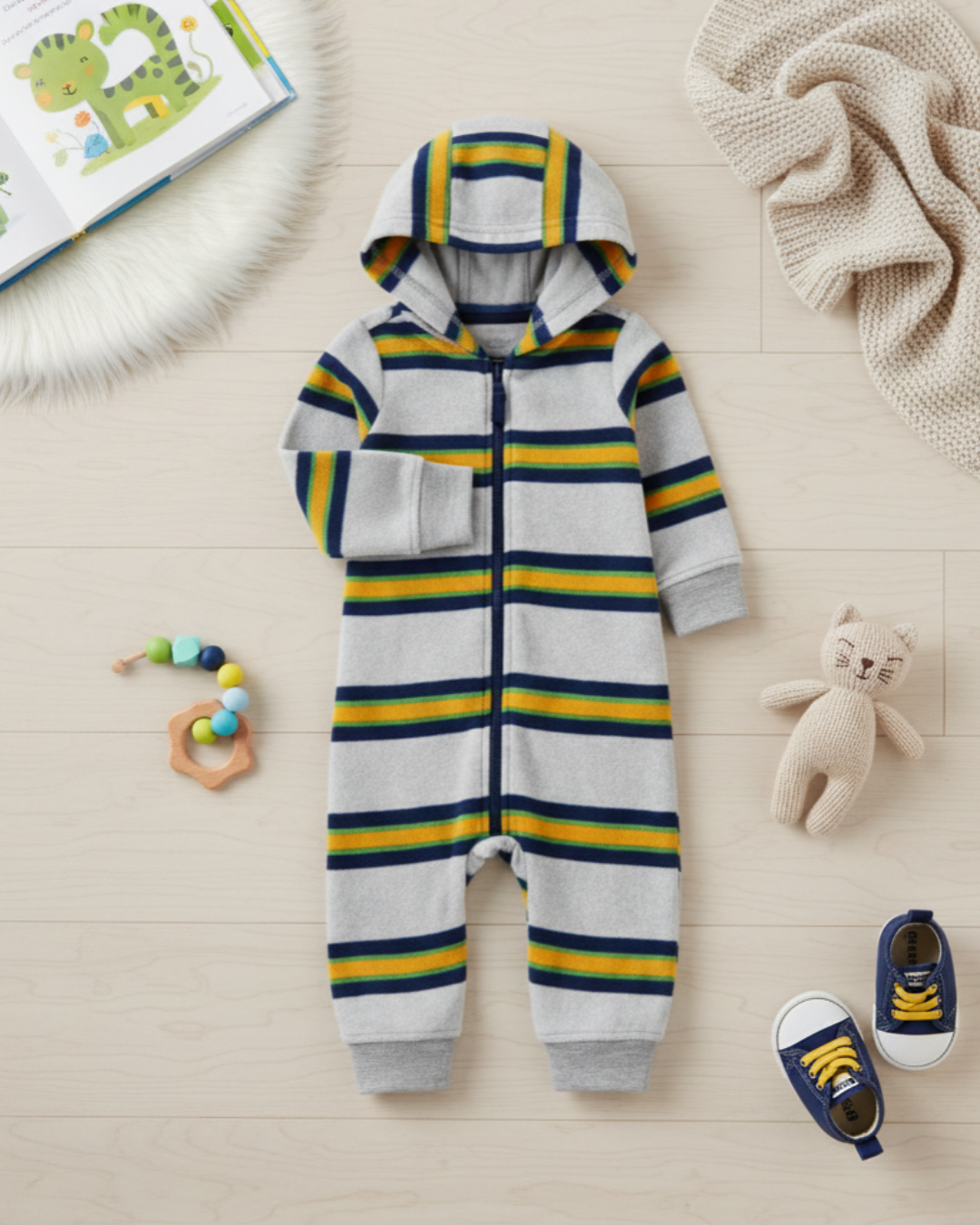 ⚓ Carter’s Baby Boy Striped Fleece Jumpsuit – Heather Grey & Bold Stripes