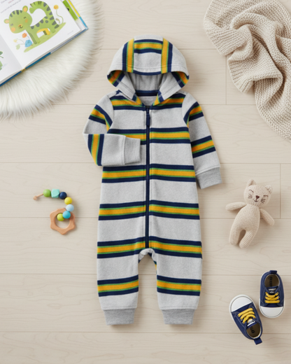 ⚓ Carter’s Baby Boy Striped Fleece Jumpsuit – Heather Grey & Bold Stripes