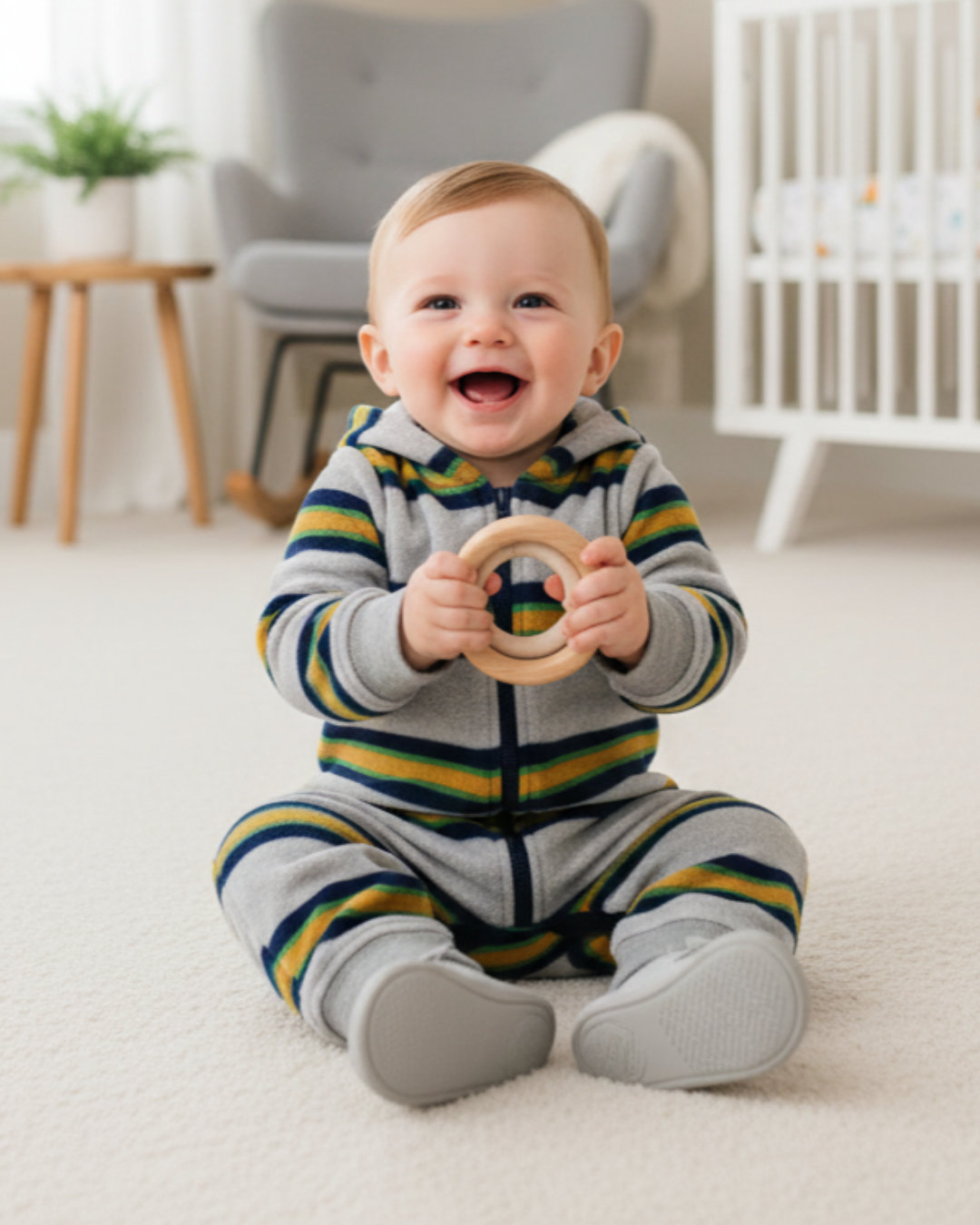 ⚓ Carter’s Baby Boy Striped Fleece Jumpsuit – Heather Grey & Bold Stripes