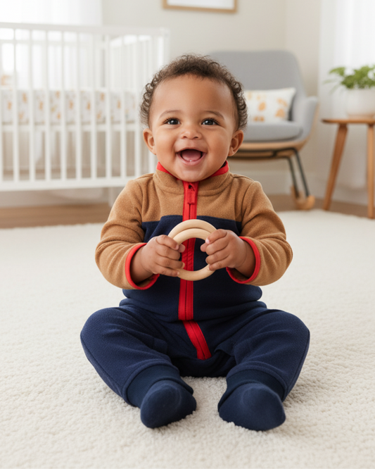 🐻 Carter’s Baby Boy Color-Block Fleece Jumpsuit – Navy & Camel Brown