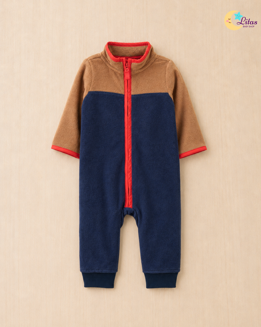 🧡 Original Carter’s Baby Boy Fleece Jumpsuit – Navy & Camel Color Block