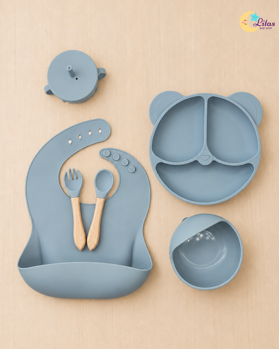 🐻 Baby Boy 6-Piece Feeding Set – Gray Blue Bear