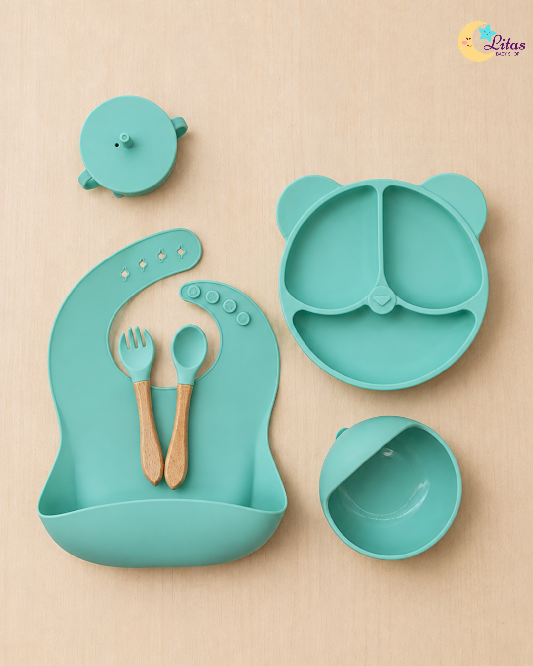 🐻 Baby Unisex 6-Piece Feeding Set – Mint Green Bear