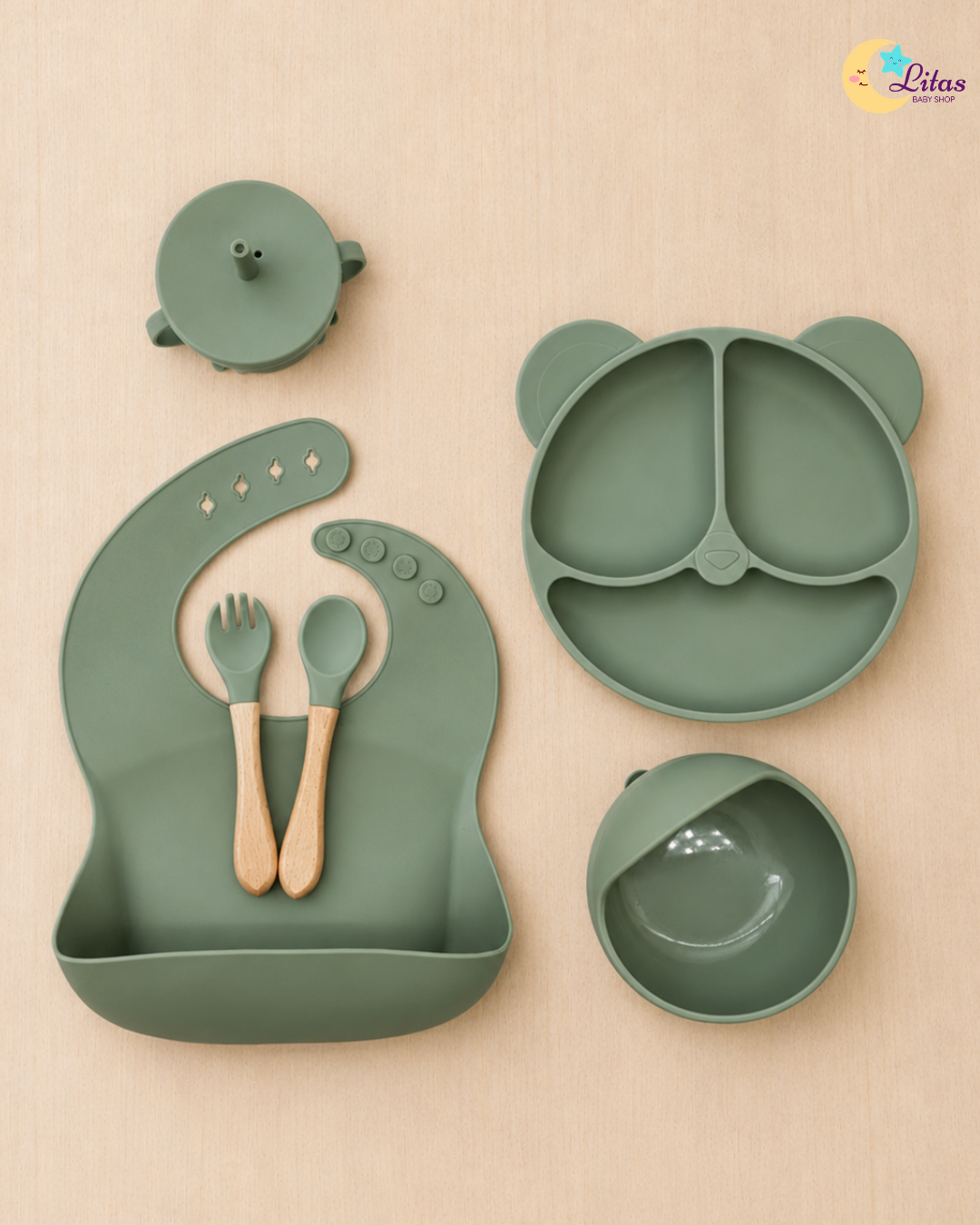 🐻 Baby Boy 6-Piece Feeding Set – Olive Green Bear