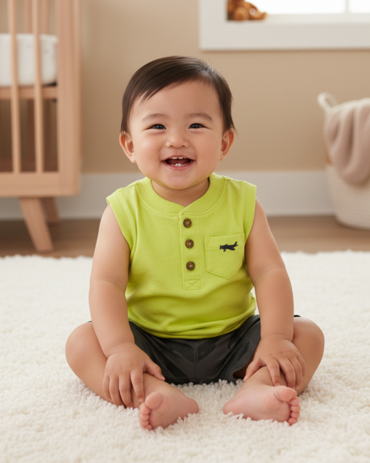 ✈️ Carter’s Baby Boy 3-Piece Aviation Summer Set – Lime, Grey & Camo