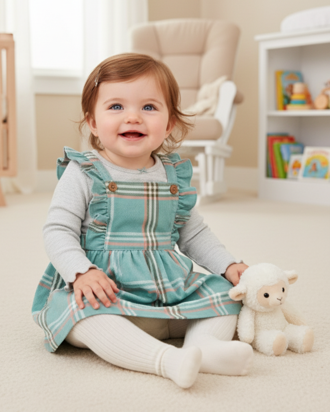 👗 Carter’s Baby Girl 3-Piece Plaid Corduroy Dress Set – Teal & Heather Grey