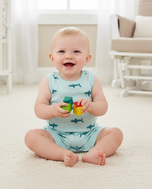 🦈 Carter’s Baby Boy 2-Piece Shark Romper Set – Hooded & Sleeveless