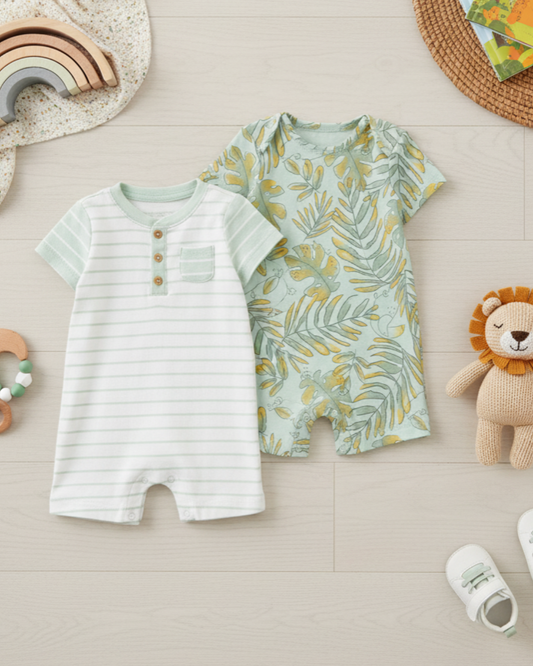 🌿 Carter’s Baby Boy 2-Piece Romper Set – Tropical Leaf & Striped Henley