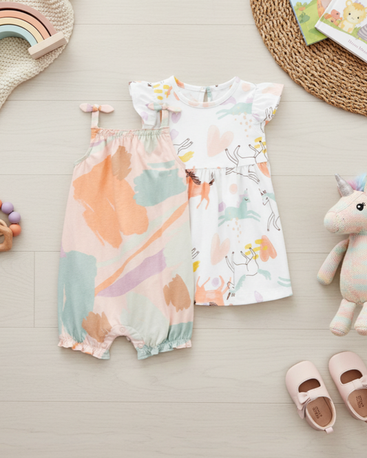🦄 Carter’s Baby Girl 2-Piece Multi-Style Set – Abstract Romper & Unicorn Dress
