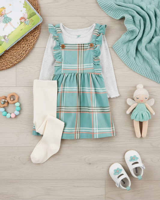 👗 Carter’s Baby Girl 3-Piece Plaid Corduroy Dress Set – Teal & Heather Grey
