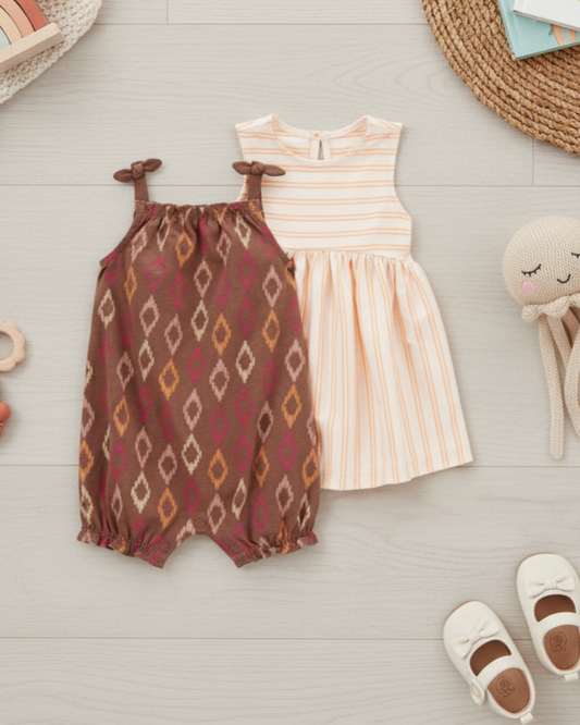 ✨ Carter’s Baby Girl 2-Piece Multi-Style Set – Geometric Romper & Striped Dress