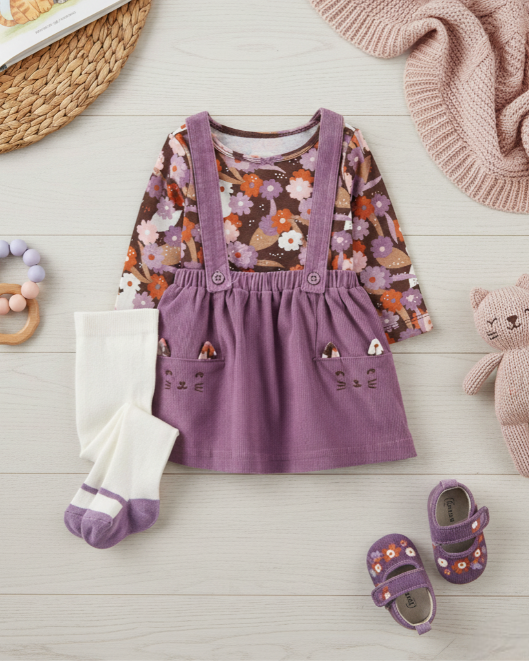 🐱 Carter’s Baby Girl 3-Piece Floral & Kitty Corduroy Dress Set – Purple Magic