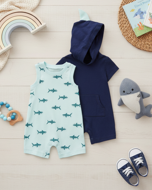 🦈 Carter’s Baby Boy 2-Piece Shark Romper Set – Hooded & Sleeveless