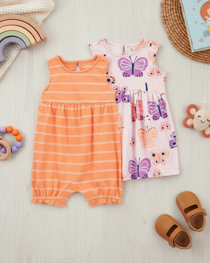 🦋 Carter’s Baby Girl 2-Piece Multi-Style Set – Orange Striped Romper & Butterfly Dress