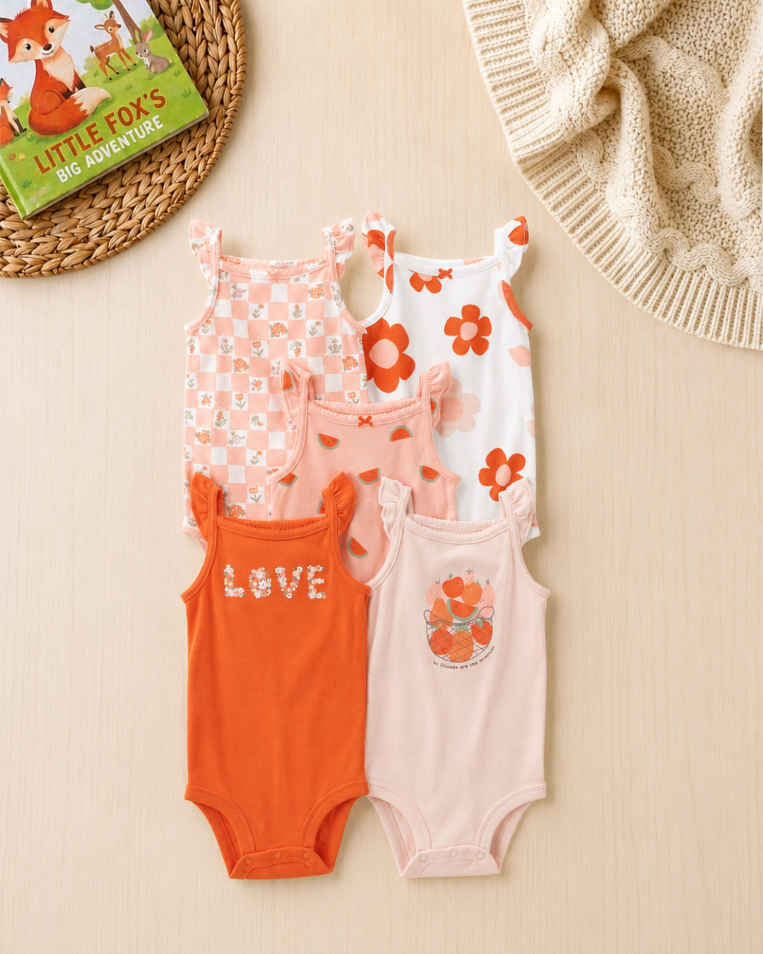 🍊 Original Carter's Baby Girl Sleeveless Bodysuits – Coral Tropical Fruit (5-Pack)