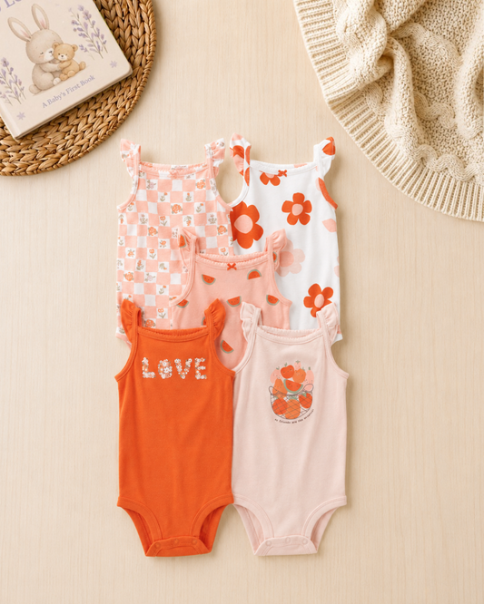 🍊Original Carter's Baby Girl Sleeveless Bodysuits – Coral Tropical Fruit (5-Pack)