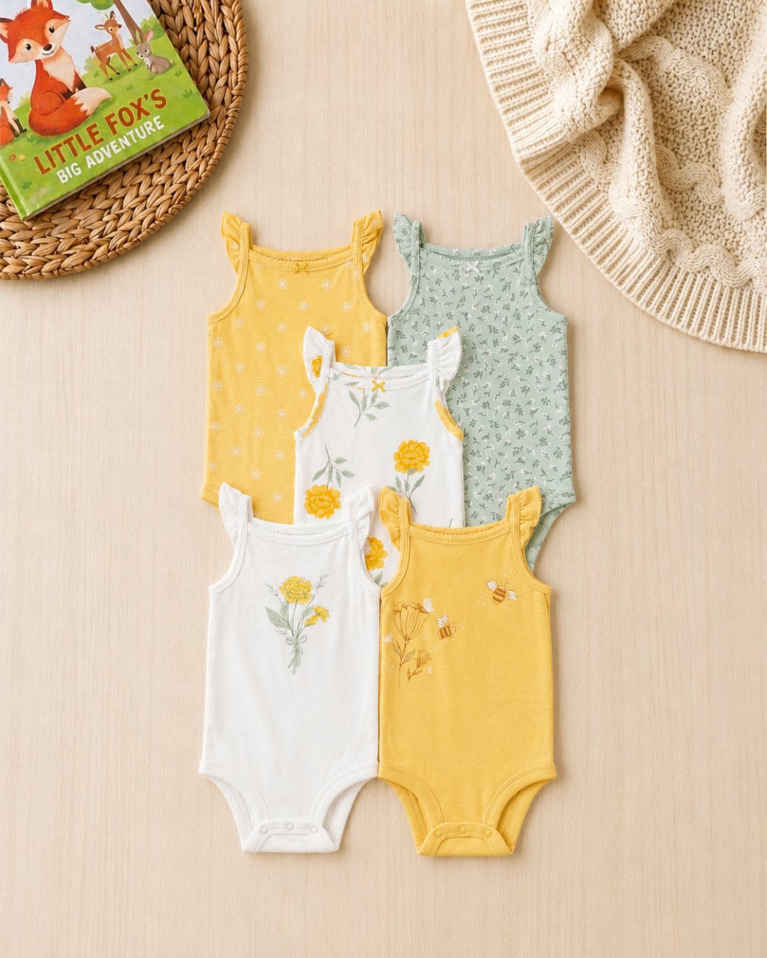 🐝 Original Carter's Baby Girl Sleeveless Bodysuits – Sunny Garden & Honeybees (5-Pack)