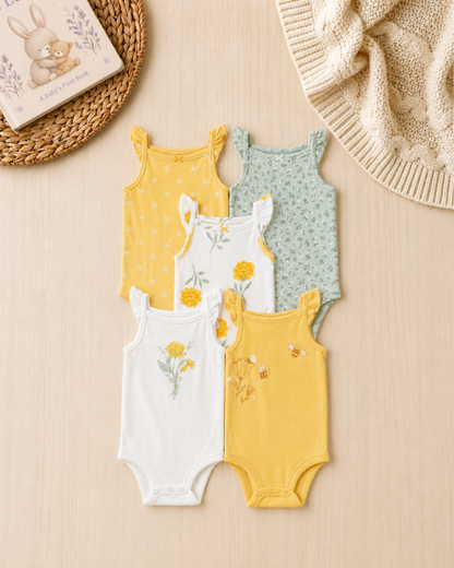 🐝Original Carter's Baby Girl Sleeveless Bodysuits – Sunny Garden & Honeybees (5-Pack)